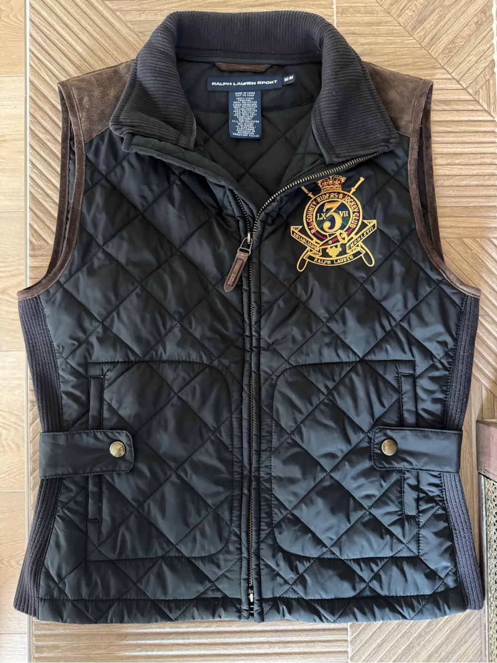 Ralph Lauren Sport Women’s Black Quilted Equestrian Vest with Crest Size M